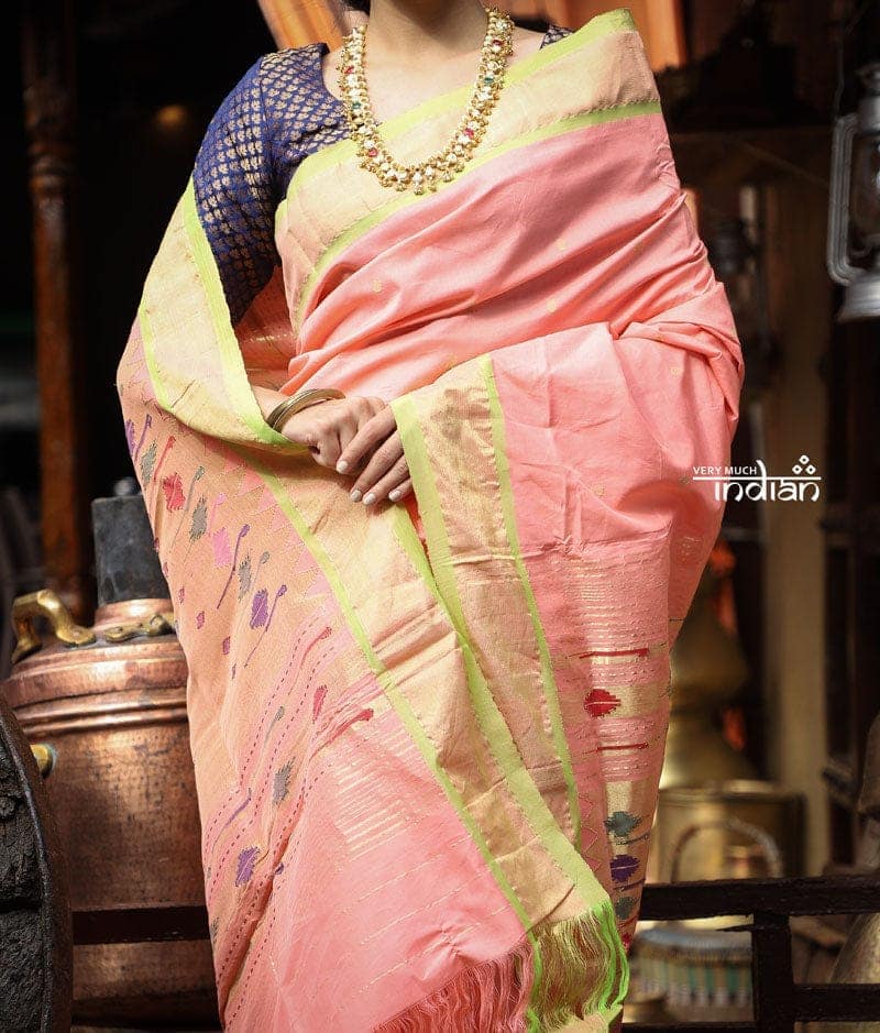 Utsaav ~ Traditional Handloom Cotton Paithani in Fresh Peach with contrast Green Border (120 count high Quality Cotton) view 3