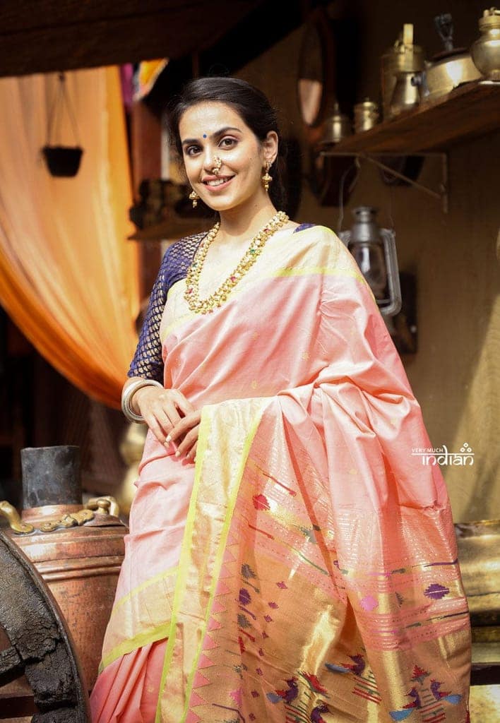 Utsaav ~ Traditional Handloom Cotton Paithani in Fresh Peach with contrast Green Border (120 count high Quality Cotton) view 4