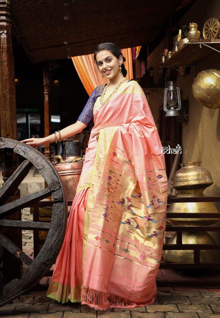 Utsaav ~ Traditional Handloom Cotton Paithani in Fresh Peach with contrast Green Border (120 count high Quality Cotton) view 5