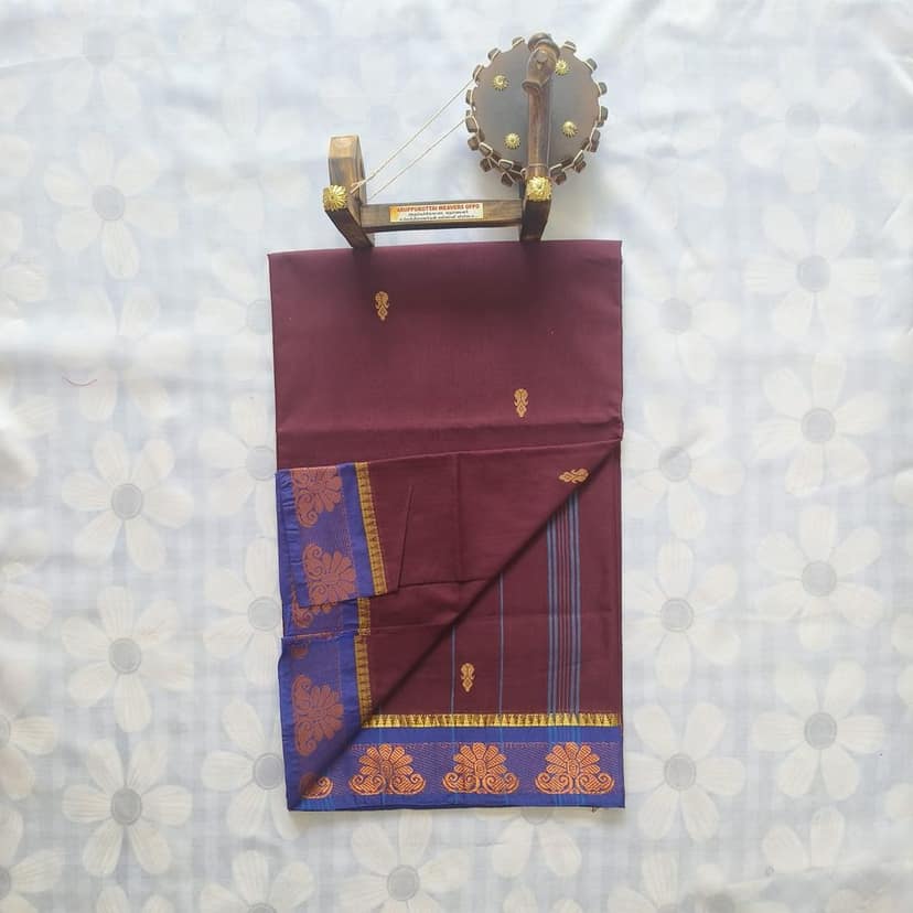 Cotton Saree without Blouse -Flower Border - Wine view 2
