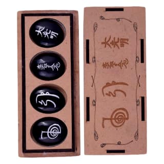 Set of 4 Usui Reiki Symbol Engraved, Black Tourmaline Stone, Oval Shape Usui Reiki Symbol, Reiki Set, Palm Stone, 4 Pcs with Wooden Box(KI_01) by Krishna Impex