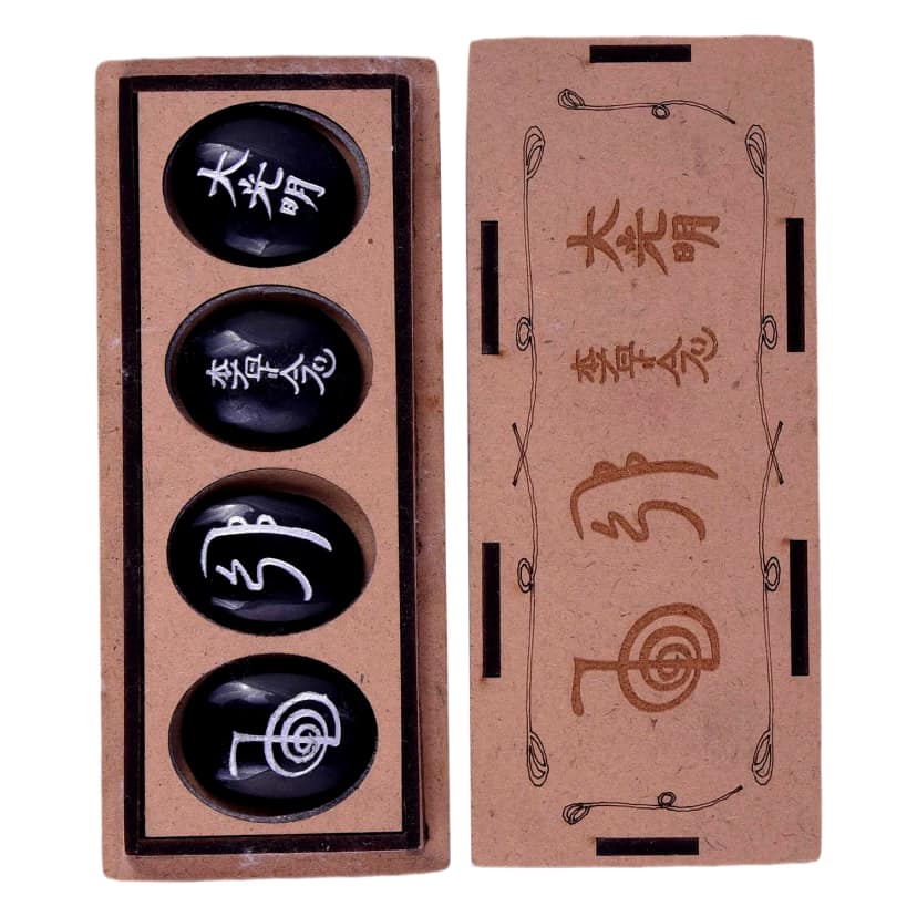 Set of 4 Usui Reiki Symbol Engraved, Black Tourmaline Stone, Oval Shape Usui Reiki Symbol, Reiki Set, Palm Stone, 4 Pcs with Wooden Box(KI_01) by Krishna Impex