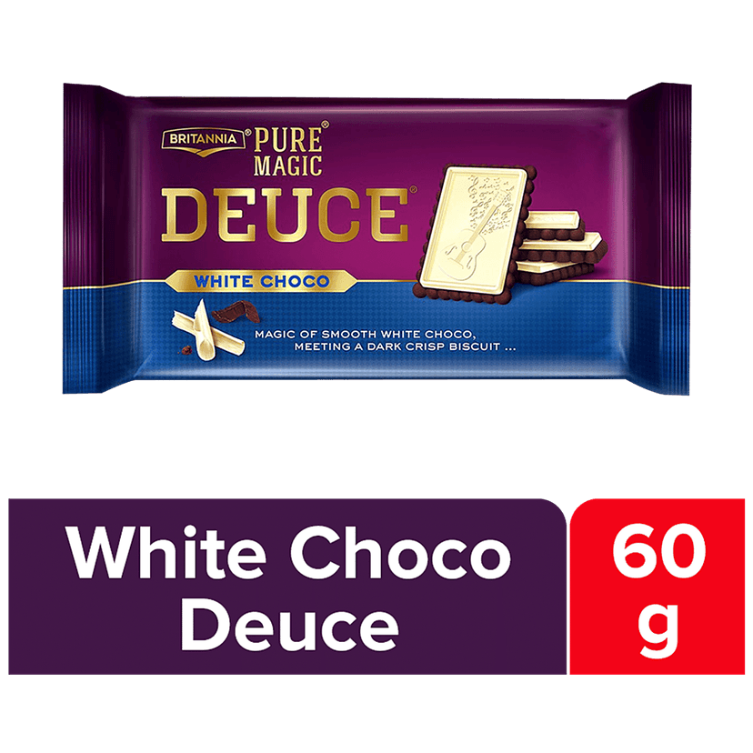 Britannia Pure Magic Deuce Biscuits - White Choco Filled, Rich Chocolate Taste, 60 G