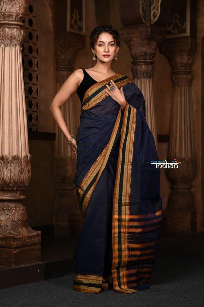 Parampara ~ Cotton Blend Saree in Regal Dark Blue with Exclusive Zari Border & Pallu