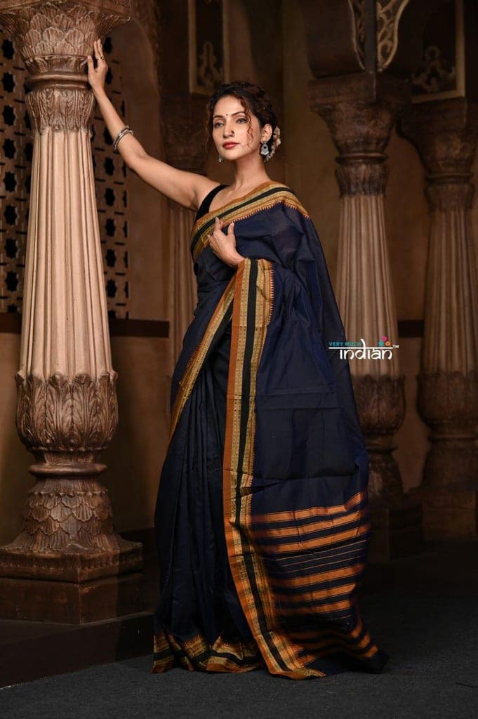 Parampara ~ Cotton Blend Saree in Regal Dark Blue with Exclusive Zari Border & Pallu view 2