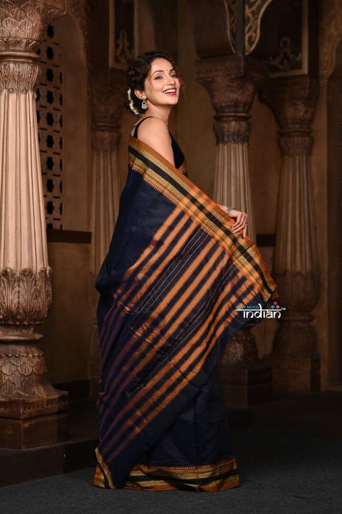 Parampara ~ Cotton Blend Saree in Regal Dark Blue with Exclusive Zari Border & Pallu view 3