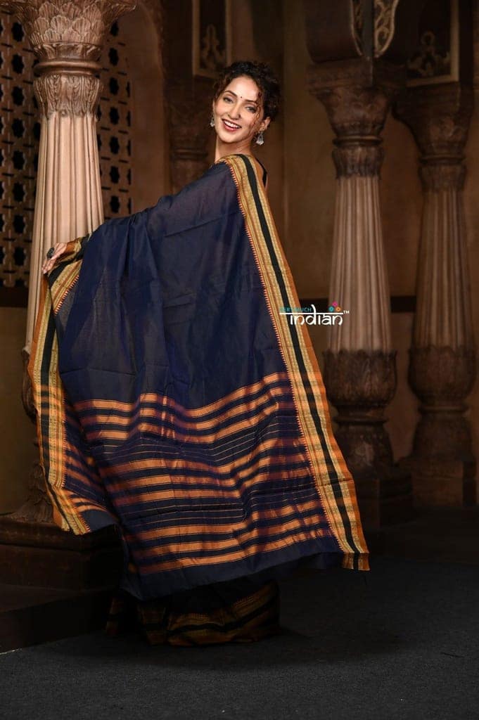 Parampara ~ Cotton Blend Saree in Regal Dark Blue with Exclusive Zari Border & Pallu view 4