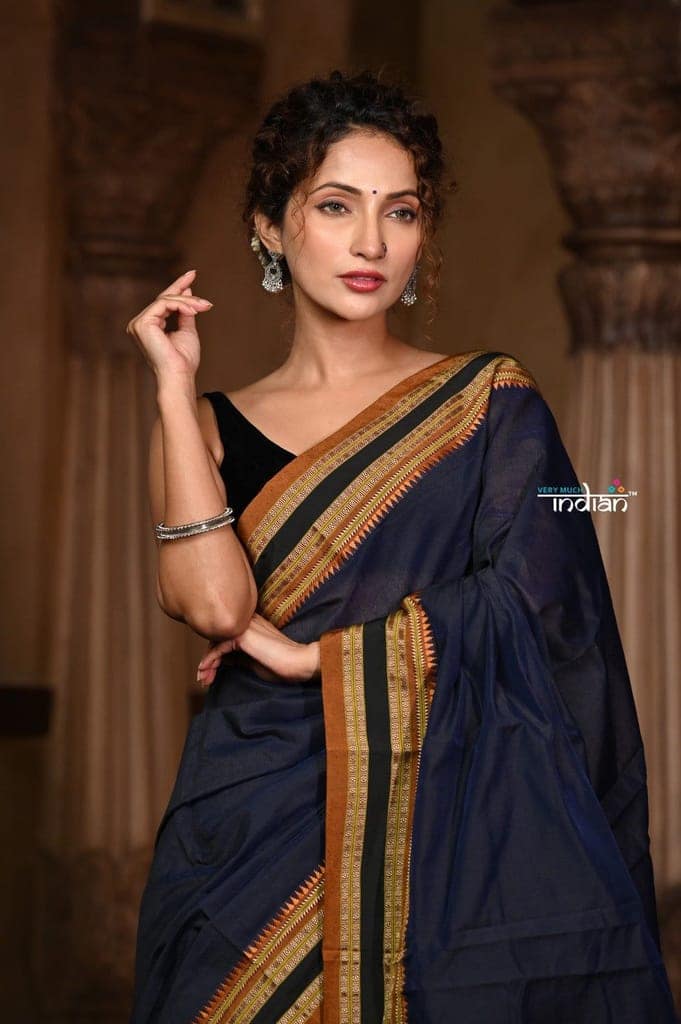 Parampara ~ Cotton Blend Saree in Regal Dark Blue with Exclusive Zari Border & Pallu view 5