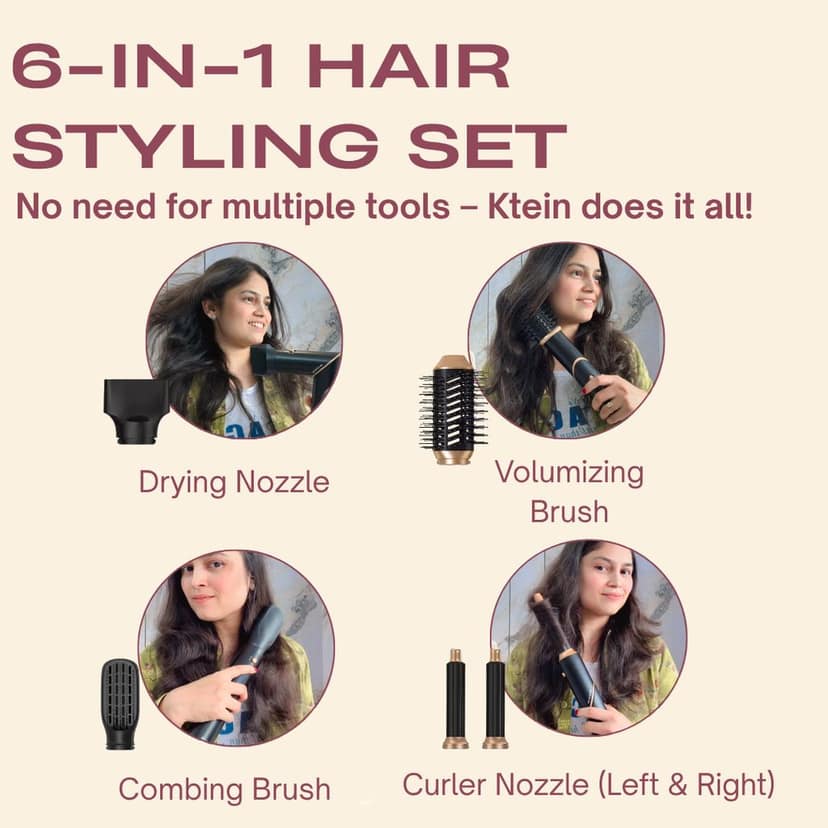 Ktein 6-in-1 Hot Air Hair Styler for Women | 1000W Hair Dryer, Curler, Straightener, Volumizer & Diffuser | Auto-Airflow Curling Barrel | Styling Tool for All Hair Types view 3
