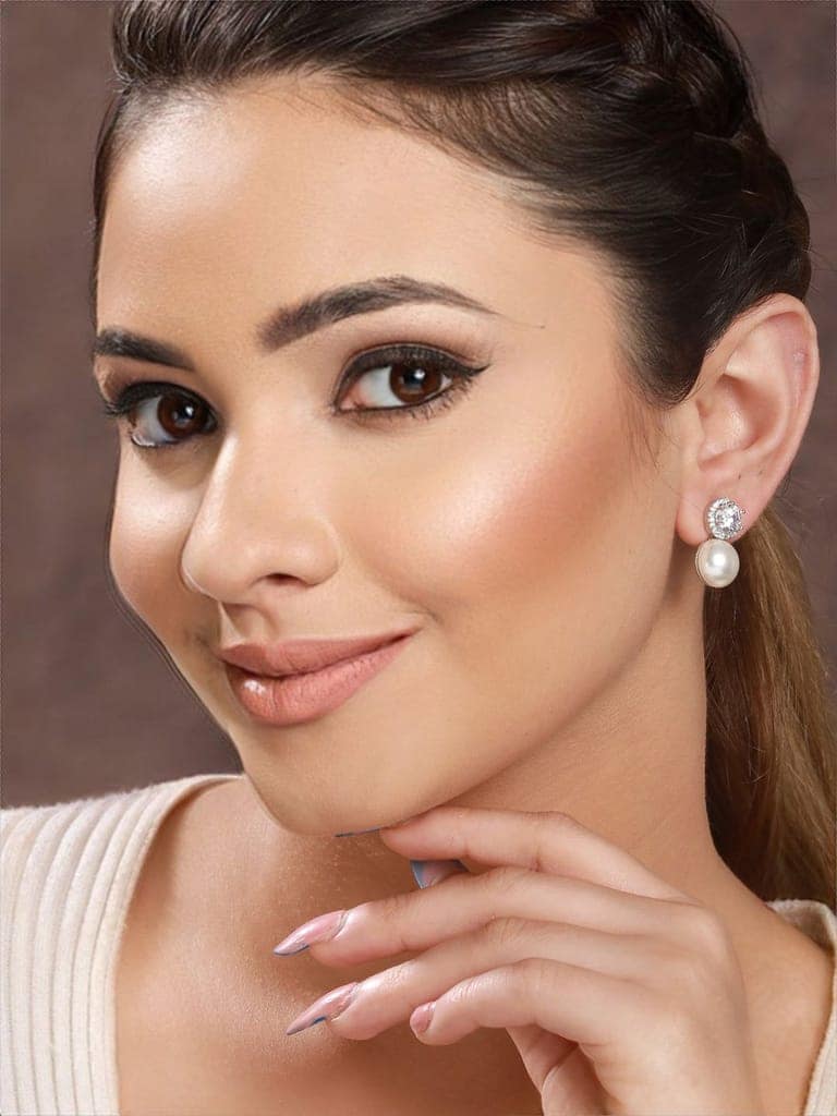 Rhodium Plated Zircon & Pearl Studded Minimal Studds Earrings view 2