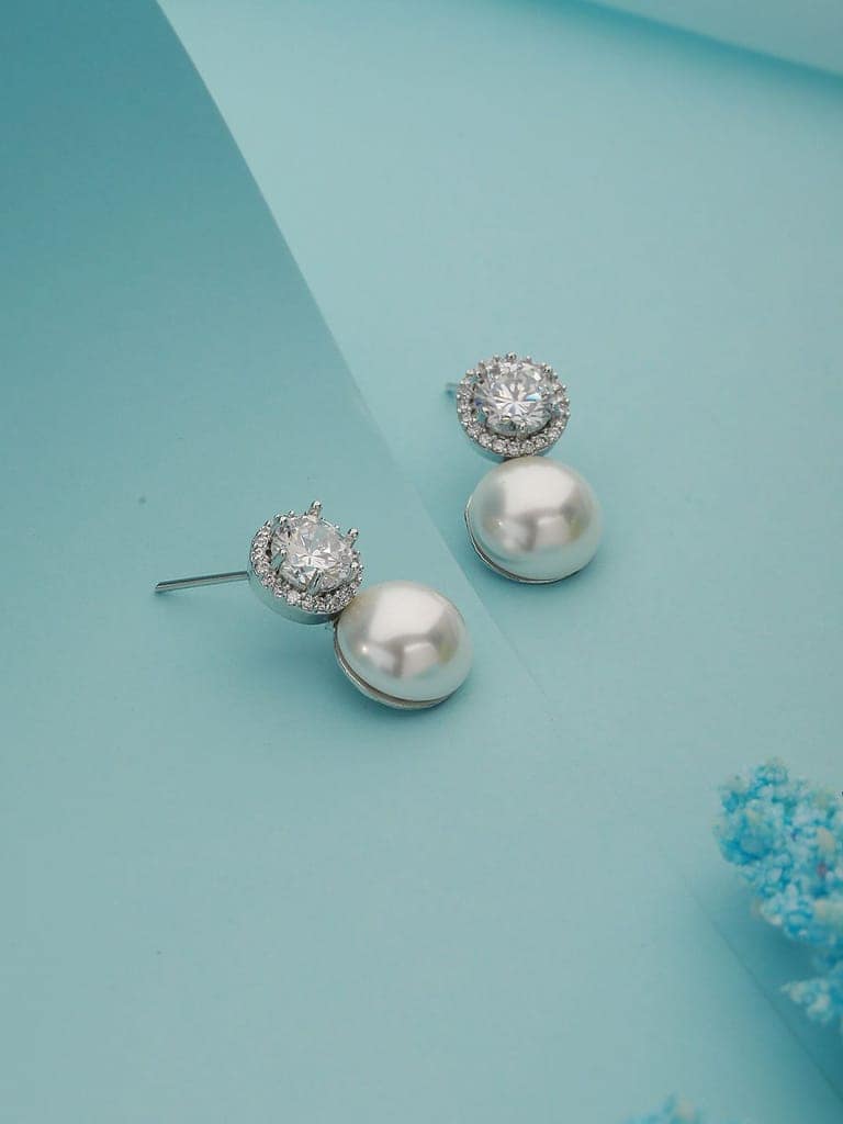 Rhodium Plated Zircon & Pearl Studded Minimal Studds Earrings view 3