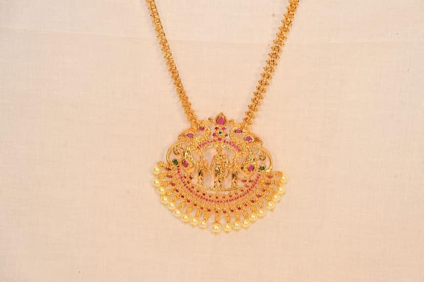 Gold Plated Temple Pendant Necklace Set view 3