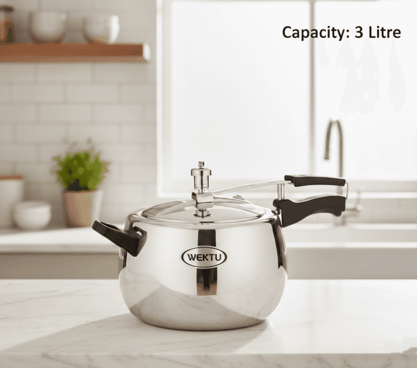 WEKTU Premium Stainless Steel Tri-Ply Belly Pressure Cooker - 3 Litre Capacity, Mirror Finish view 2