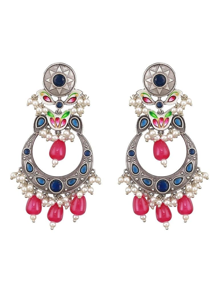 Silver Oxidised Pearl Beaded Hand Painted Crescent Chandbali Earrings view 4
