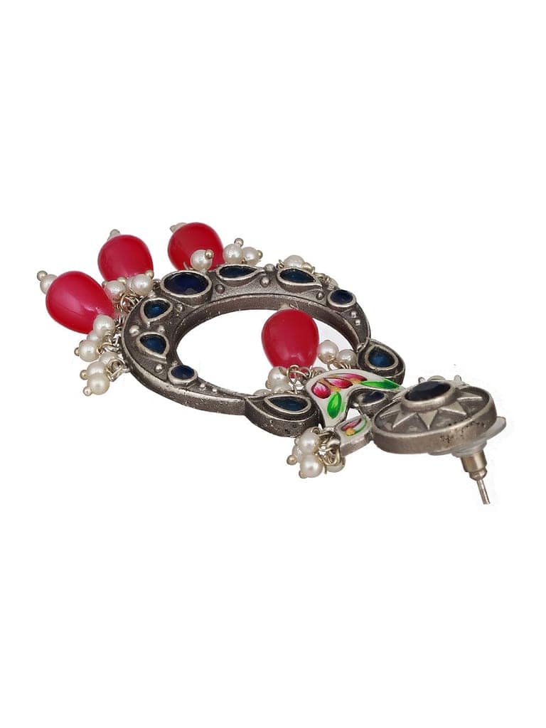 Silver Oxidised Pearl Beaded Hand Painted Crescent Chandbali Earrings view 5