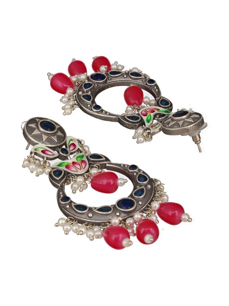 Silver Oxidised Pearl Beaded Hand Painted Crescent Chandbali Earrings view 7