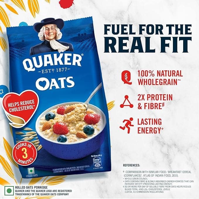Quaker Oats | Rolled Oats Natural Wholegrain | Nutritious Breakfast Cereals | Dalia Porridge | Easy to Cook | 1 Kg Each | Pack of 2 | 2 Kg Pack view 4