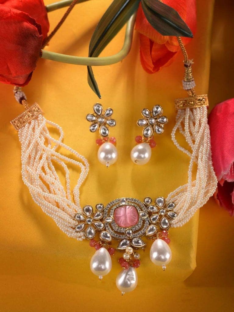 Gold Plated AD Studded Kundan natural Pearl beaded Choker Jewellery Set view 2