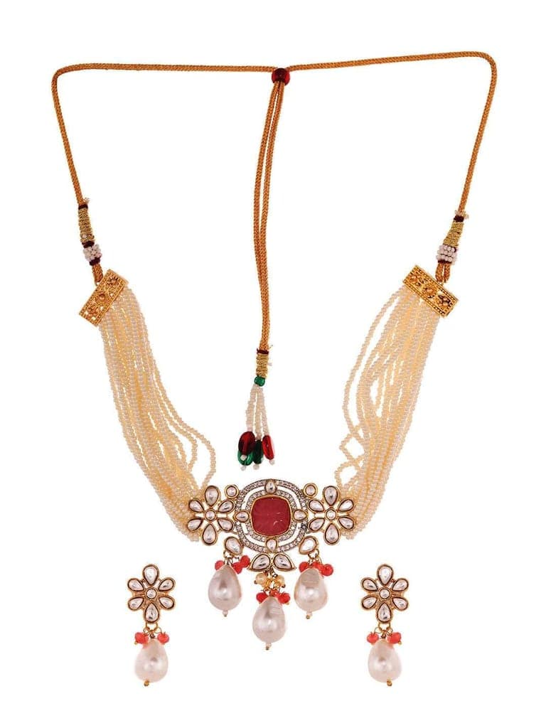 Gold Plated AD Studded Kundan natural Pearl beaded Choker Jewellery Set view 3