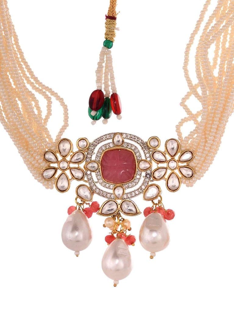 Gold Plated AD Studded Kundan natural Pearl beaded Choker Jewellery Set view 4