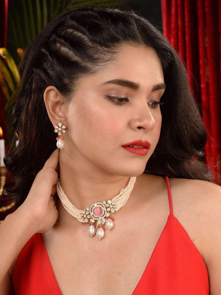 Gold Plated AD Studded Kundan natural Pearl beaded Choker Jewellery Set view 7