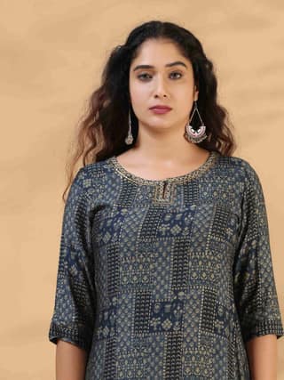 Blue muslin kurti with foil print with sequins embroidery