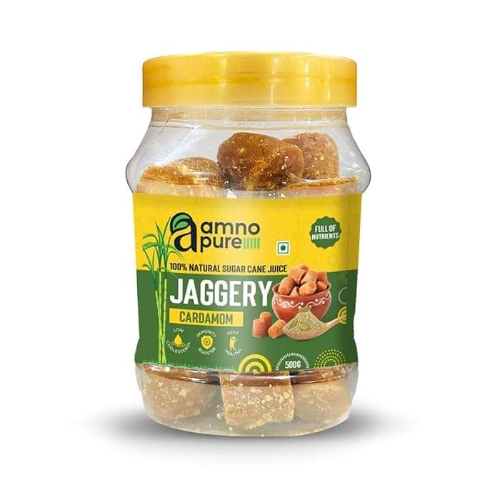 Amno Pure Natural Sugar Cane Jaggery 10G Cube with Cardamom | Cholestrol free, Fat free, Full of Nutrients & 100% Natural - 500G Pet Jar