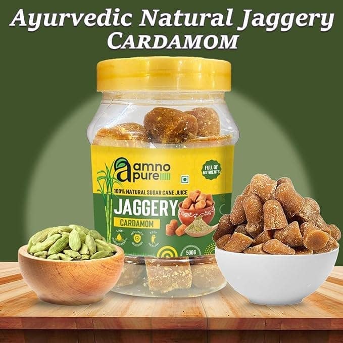 Amno Pure Natural Sugar Cane Jaggery 10G Cube with Cardamom | Cholestrol free, Fat free, Full of Nutrients & 100% Natural - 500G Pet Jar view 6