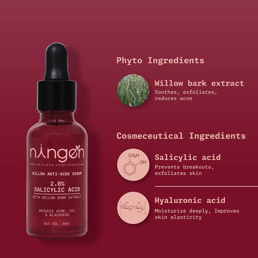 Ningen Willow Anti Acne Face Serum | Contains 2% Salicylic Acid | Blackhead & Breakout Control view 2