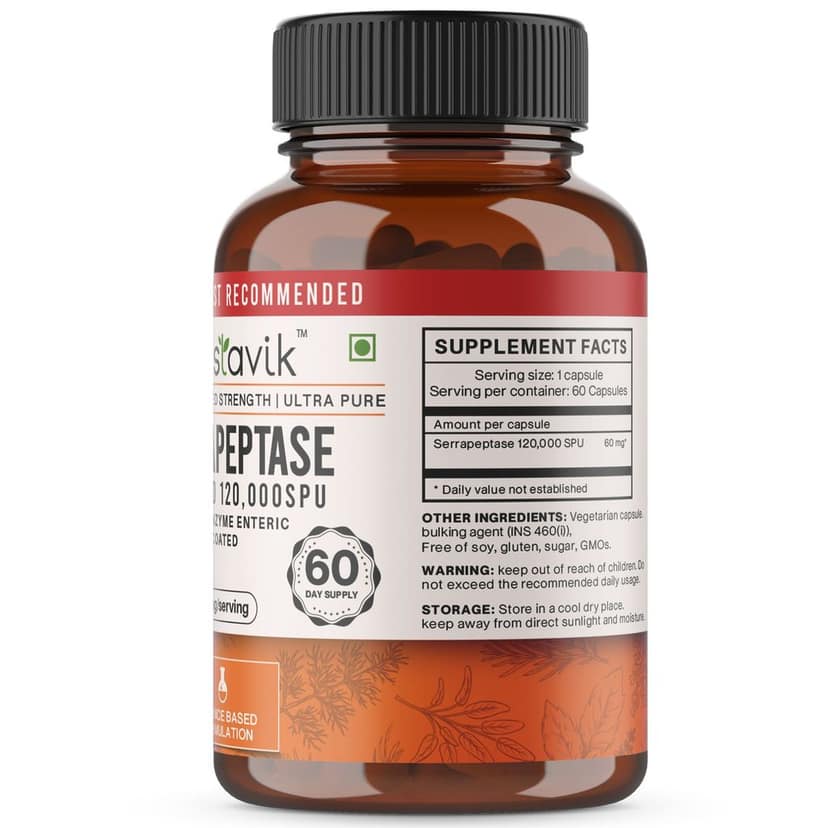 Vaastavik Serrapeptase 120,000 SPU Vegetarian 60 Serratiopeptidase Supplement view 2