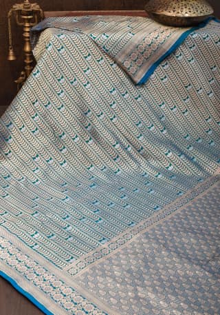 Exquisite Banarasi Katan Silk saree in Peacock Blue Green Dual Tone Florals Alfi in Horizontal stripes | SILK MARK CERTIFIED