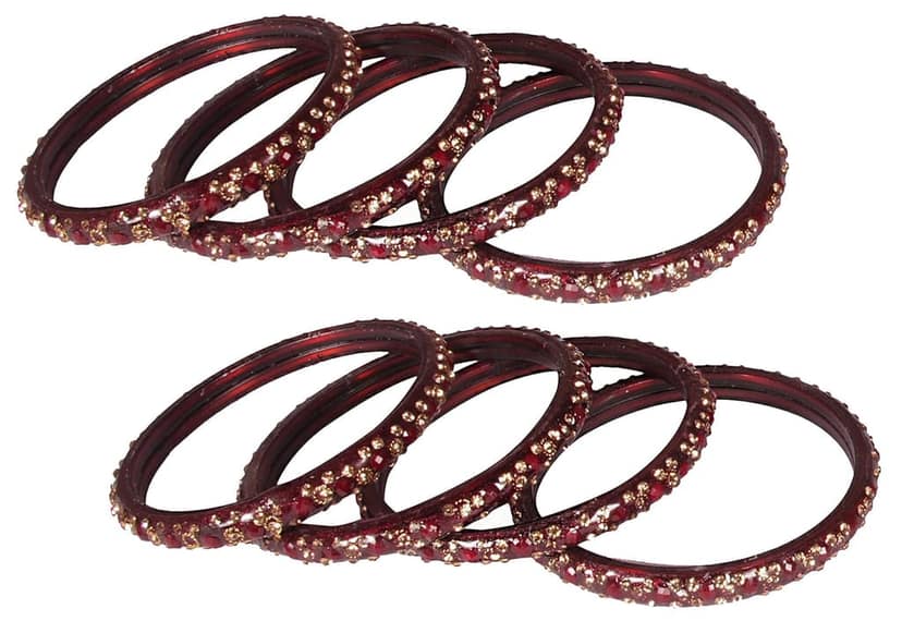 NMII Zircon Gemstone with Heart Shaped Beads and Golden Colour Balls Studded Glossy Finished Glass Kada Set For Women Pack of 12 Kada Set
