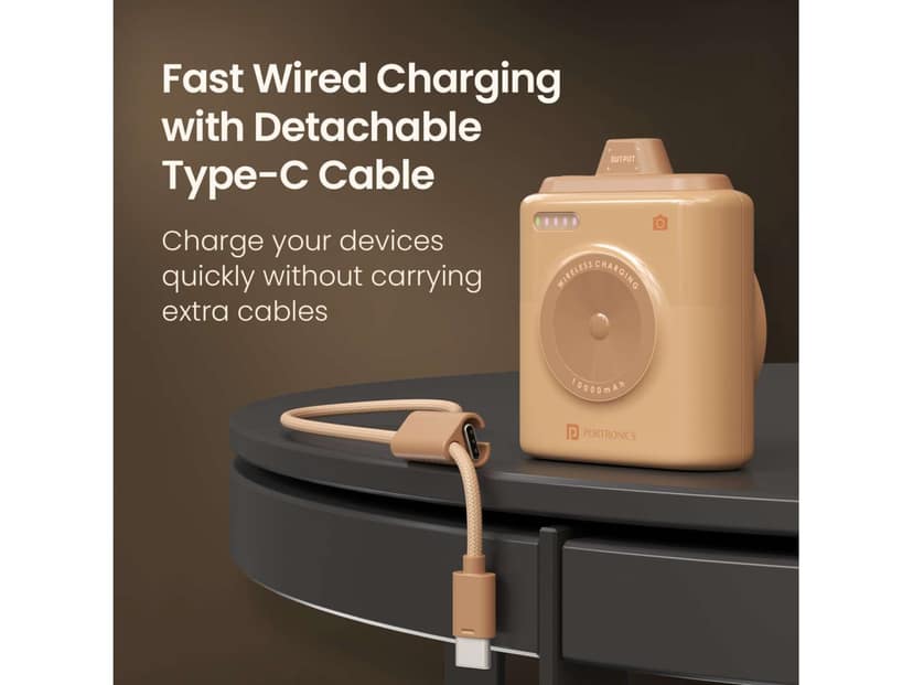 Portronics Moji 10 10000mAh mini Powerbank, Detachable Type C Cable, LED Indicator, 20W Wired Output - Mocha view 3