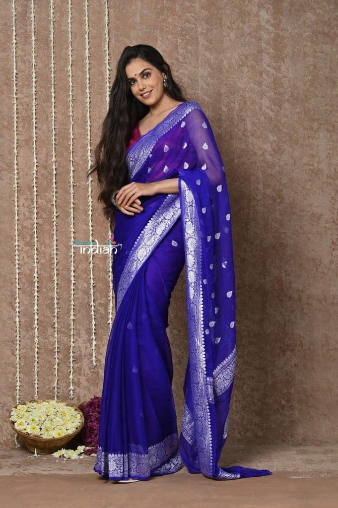 Tyohaar ~ Handloom Pure Khaddi Georgette Saree With Sleek Border ~ Royal Blue (Silk Mark) view 2