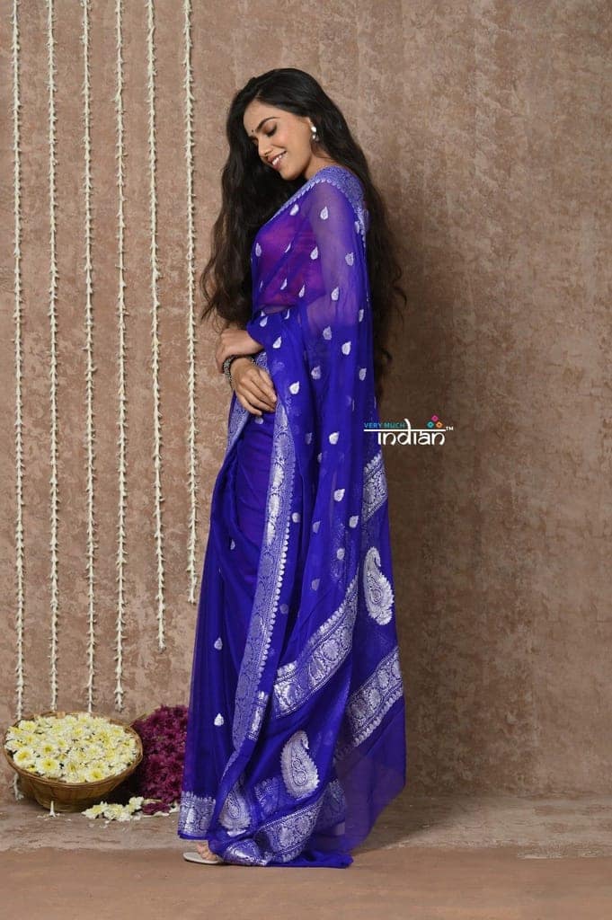 Tyohaar ~ Handloom Pure Khaddi Georgette Saree With Sleek Border ~ Royal Blue (Silk Mark) view 3