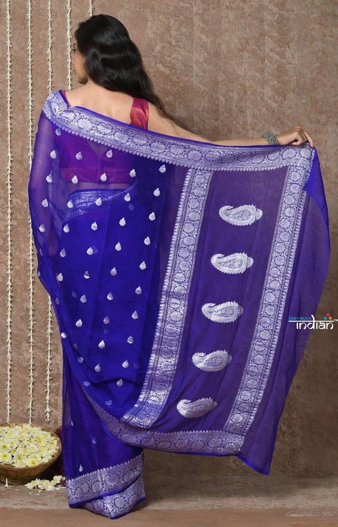 Tyohaar ~ Handloom Pure Khaddi Georgette Saree With Sleek Border ~ Royal Blue (Silk Mark) view 4