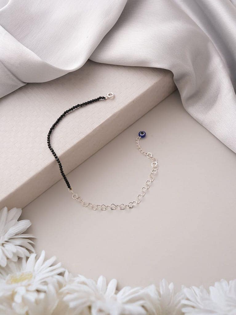 925 Sterling Silver Black Beads Evil Eye Charms Designer Handcrafted Anklet Payal view 6