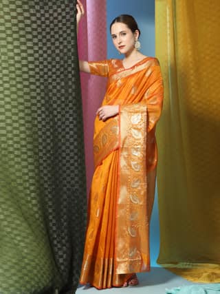 Yavira silk Women's Orange Printed Jacquard Saree