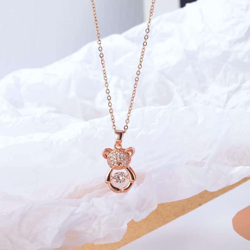 Jewelryklub Dancing Diamond Teddy Bear Shape Pendant With Chain - Rose Gold