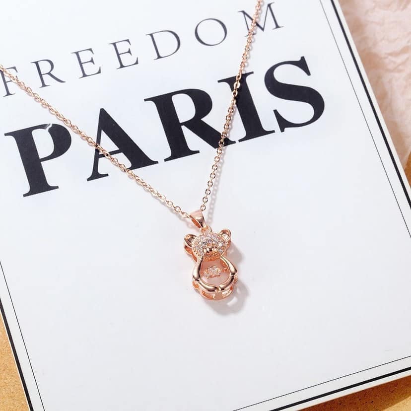 Jewelryklub Dancing Diamond Teddy Bear Shape Pendant With Chain - Rose Gold view 3