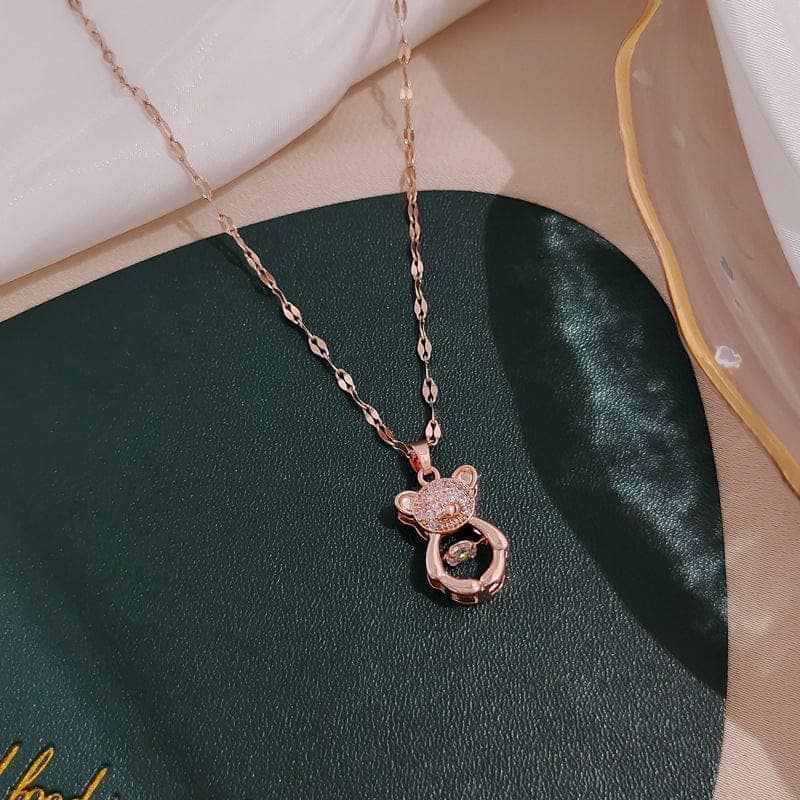 Jewelryklub Dancing Diamond Teddy Bear Shape Pendant With Chain - Rose Gold view 6