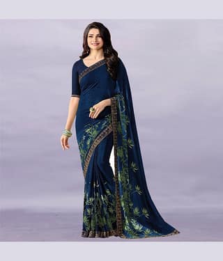 BLEESBURY Chiffon Printed Saree With Unstitched Blouse Piece ( Blue )