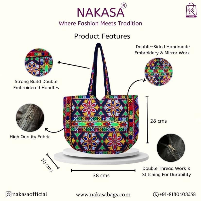 NAKASA Women's Jaipuri Handmade Mirror Work and Flower Embroidery Regular Black Tote Bag view 3