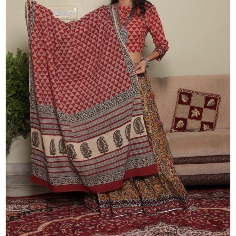 Handblock Printed Cotton Red Lehanga And Top With Mulmul Dupatta (Size 34-46)-4962