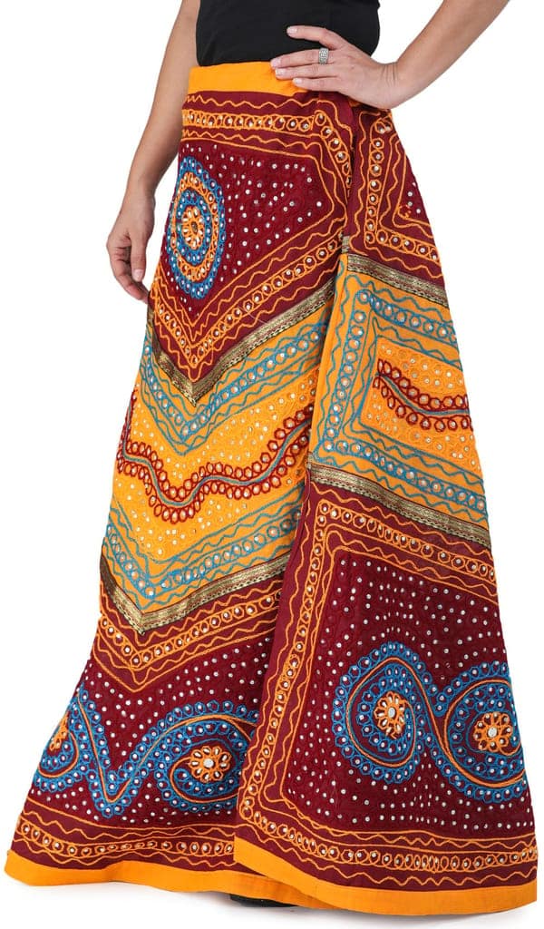 Maroon And Yellow Long Ghagra Skirt from Jaipur with Aari Embroidery and Sequins view 3