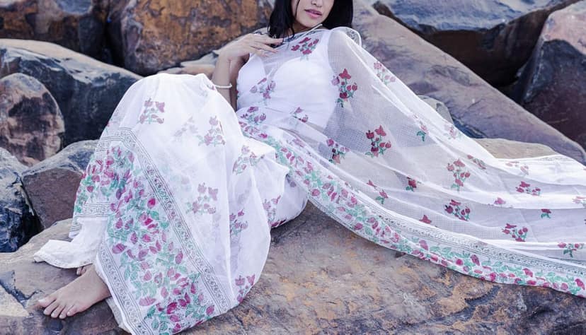 Kaisori Bagh Bouganvillea Kota blockprinted silk cotton saree view 6