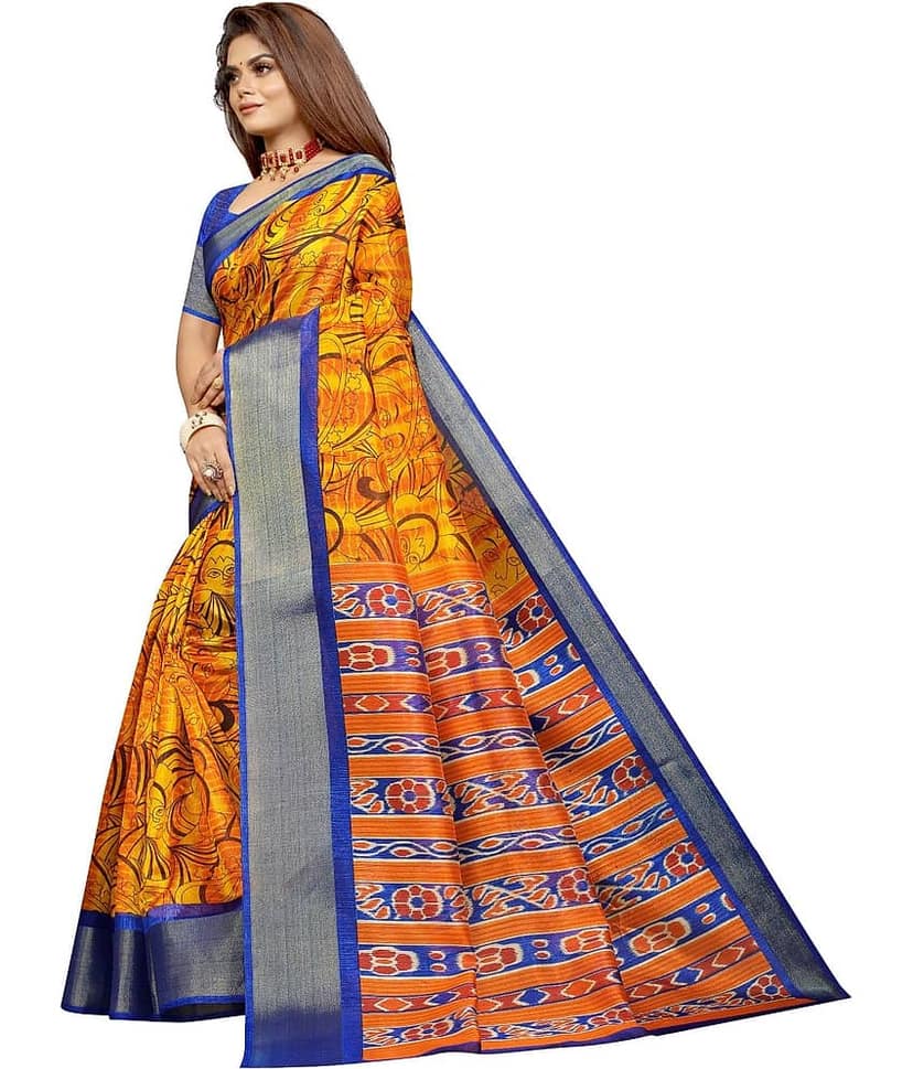 Aardiva Cotton Silk Printed Saree With Unstitched Blouse Piece ( Yellow ) view 2
