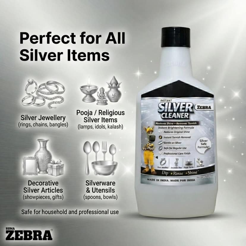 SUNA ZEBRA Instant Silver Cleaner Liquid – Dip Rinse Shine Formula | Removes Tarnish & Restores Original Silver Shine | Safe for Jewellery, Pooja Items & Silverware | 500 ml view 2