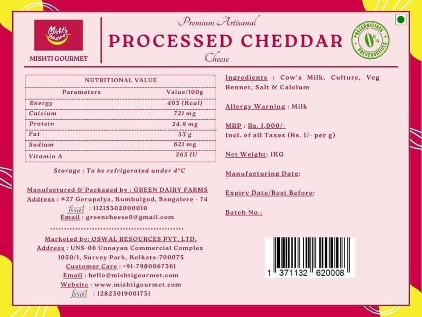 Mishti Gourmet Processed Cheddar 1kg view 2
