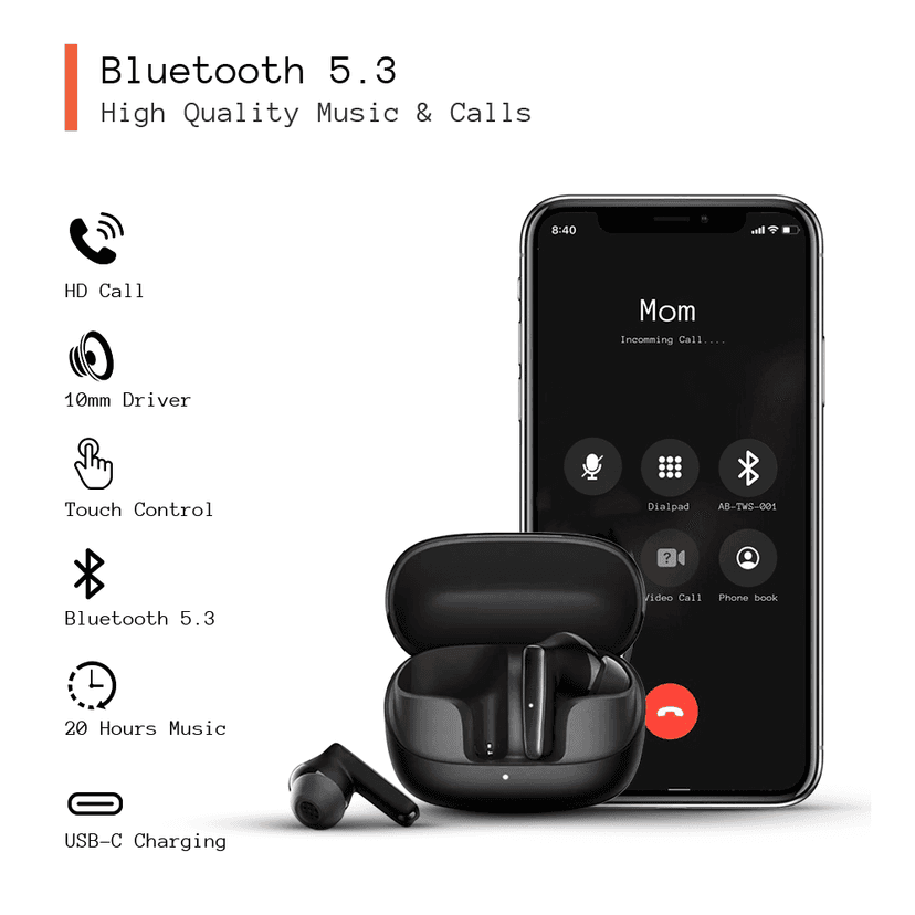Aeroessentials AeroTune 121 Wireless Earbuds, Bluetooth 5.3, 10mm Drivers, 20 Hours Total Playtime, Touch Controls view 4